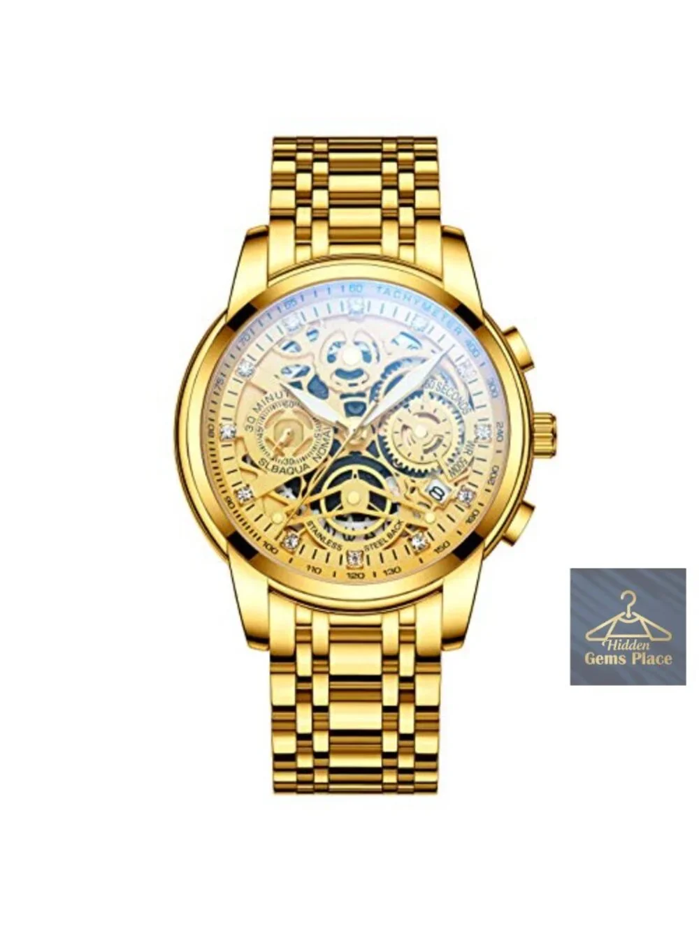 Men's Stainless Steel Quartz Watch, Skeleton Dial Chronograph, 3ATM Waterproof